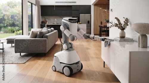 Modern domestic service robot assisting with household tasks in contemporary home