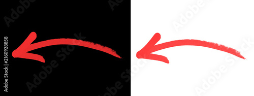Red thick hand-drawn curved left pointing arrow on black and white background, isolated graphic element