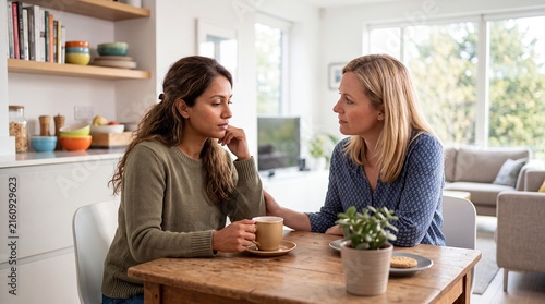 women friends conversation support kitchen coffee listening empathy worry comfort Companion listens across a table as an adult shares a struggle showing trust connection and everyday emotional care