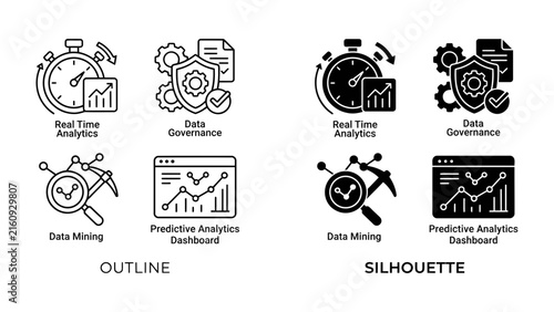 Cuadro en lienzo Data Analytics Icons: A collection of stylized icons representing key aspects of data analytics, including real-time analytics, data governance, data mining, and predictive analytics dashboards