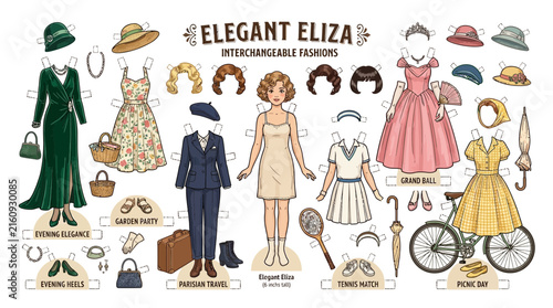 Vintage paper doll set with interchangeable fashionable outfits and accessories for creative play.