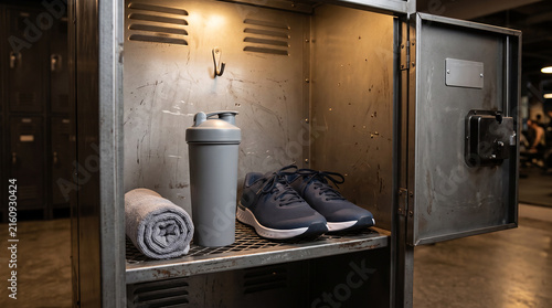 Matte Grey Protein Shaker Bottle with Running Shoes and Rolled Towel Inside Open Industrial Metal Gym Locker