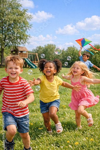 A joyful scene of children laughing and playing with bubbles in a grassy park area, enjoying the outdoor environment.