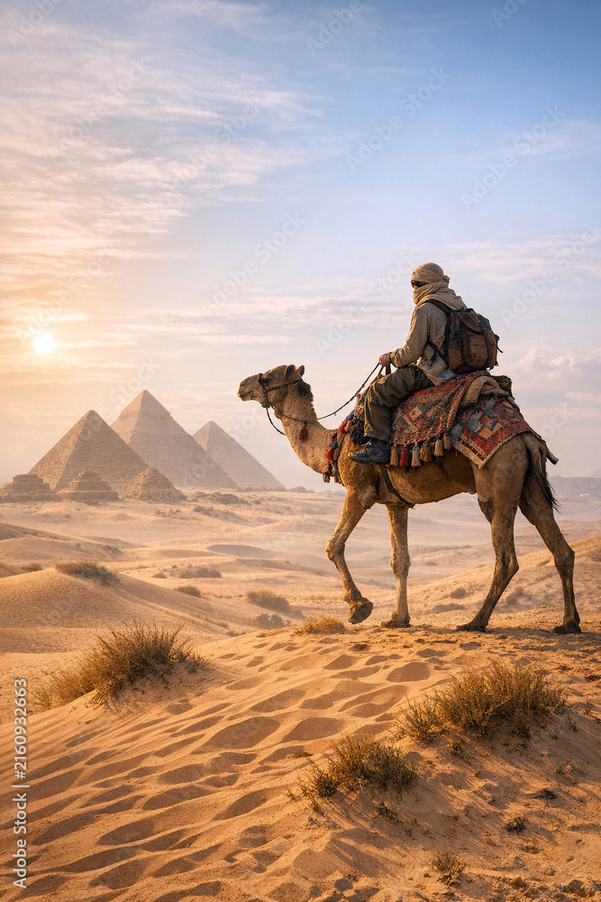Fototapeta premium A traveler on a camel ride in the Sahara Desert at sunset, with a view of Egyptian pyramids.