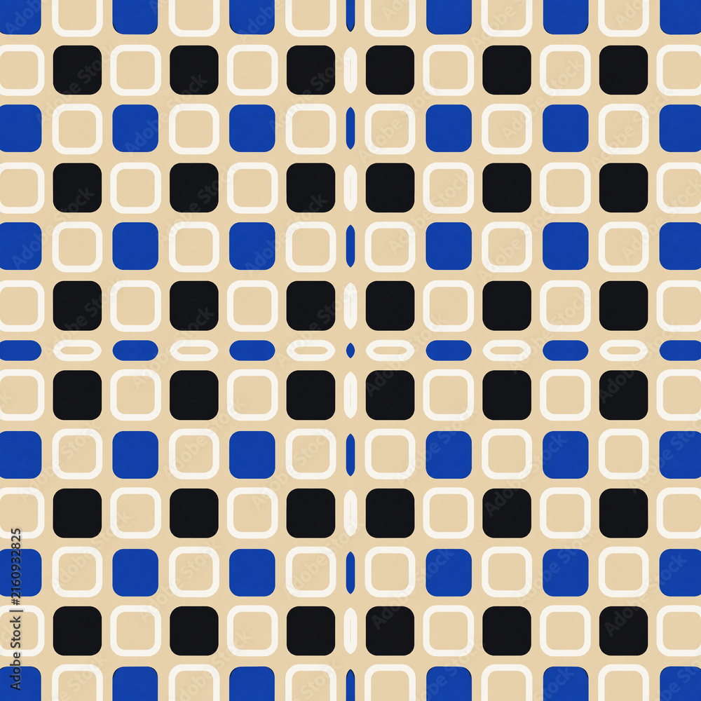 Bold seamless checker pattern of rounded squares in cobalt, black, cream and sand.