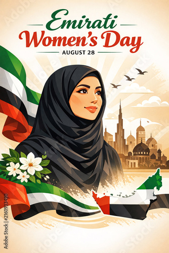An Emirati woman, celebrating Eid Al Adha and showcasing UAE's Women's Day. She wears traditional arabic clothing and holds the flag of the United Arab Emirates.