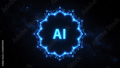 Blue Glowing Network Concept with AI Text in Abstract Style