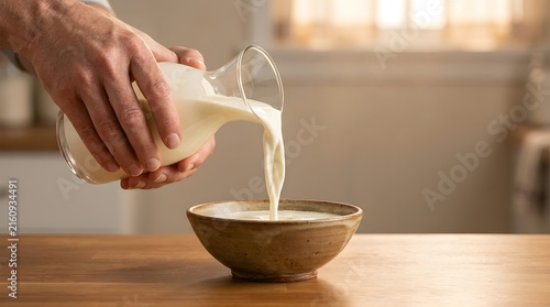 Person pouring fresh white milk from a glass pitcher into a rustic ceramic bowl on a wooden table.