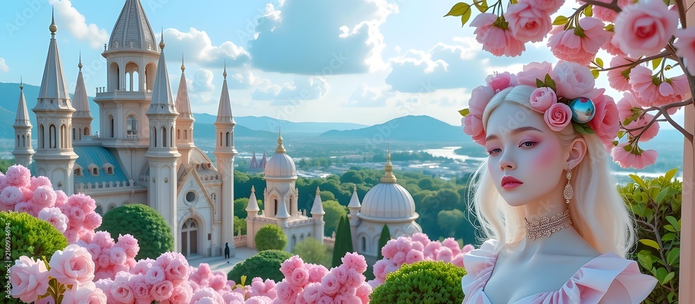 Fototapeta premium Fantasy-inspired castle scene with fairy-tale princess, vibrant pink blossoms, and a peaceful landscape with a lake and mountains in the background