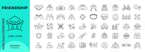 Friendship and community icons set. Friendship, community, trust, support, charity, teamwork, volunteer, solidarity, compassion, unity, connection. Editable icons collection.
