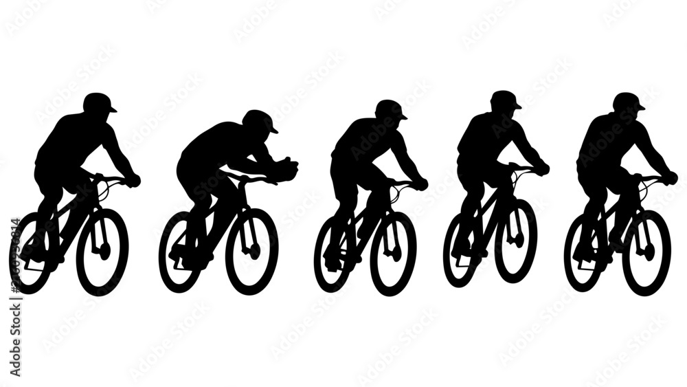 Fototapeta premium Silhouette Sequence of Cyclist Riding Mountain Bike in Motion - Dynamic Action Stencil Vector Art