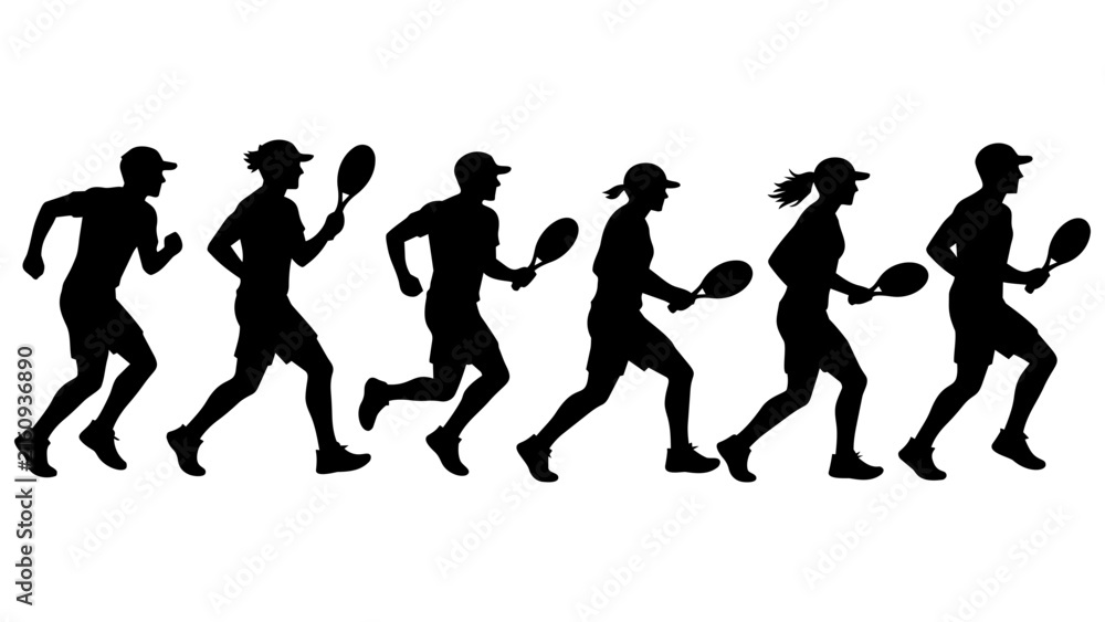 Obraz premium Set of Silhouette Athletes Running with Tennis Rackets - Dynamic Sports Motion Sequence Illustration Vector Art