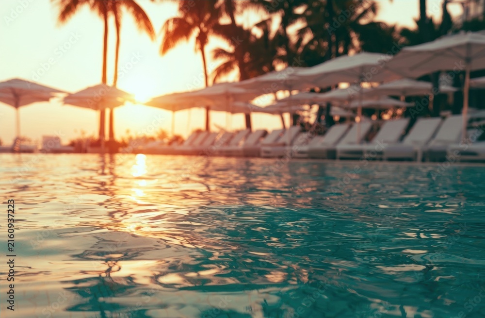 Fototapeta premium Swimming pool water surface with sunset reflections and palm trees