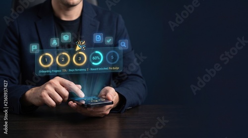 Employee onboarding gamification dashboard on smartphone with holographic progress rings, completion tracking, rewards and interactive workplace training with clean copy space