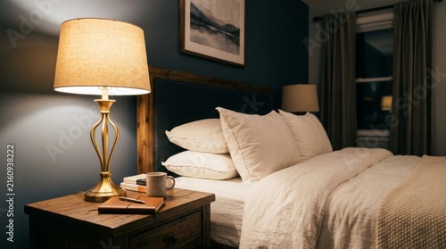 Cozy bedroom interior with soft lighting and neutral bedding arrangement.