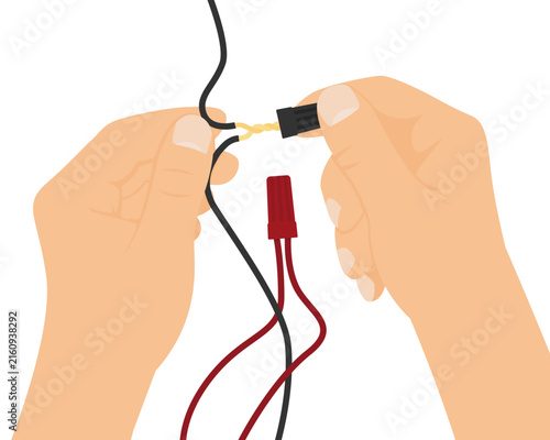 Hands Connecting Twisted Electrical Wires with Wire Nut Connector. Vector graphic for DIY electronics tutorials, electrical wiring guides, home repair articles, and engineering educational materials