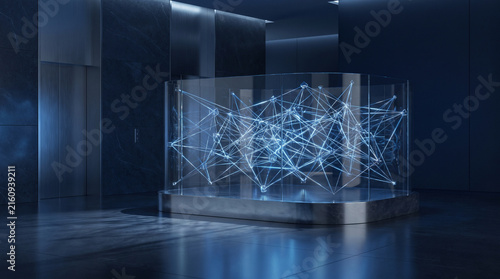 Abstract glowing blue neural network node hologram inside glass display in futuristic corporate lobby