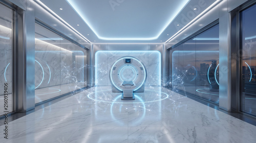 Futuristic MRI scanner room with glowing digital hologram overlay and modern high-tech hospital interior