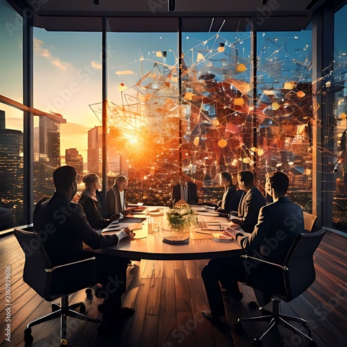 Business team in a boardroom with abstract digital network visualization.