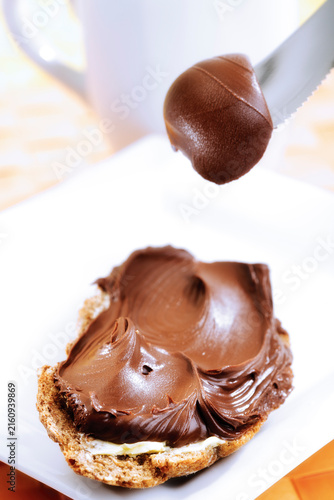Chocolate spread on wholemeal bread, elevated view, close-up