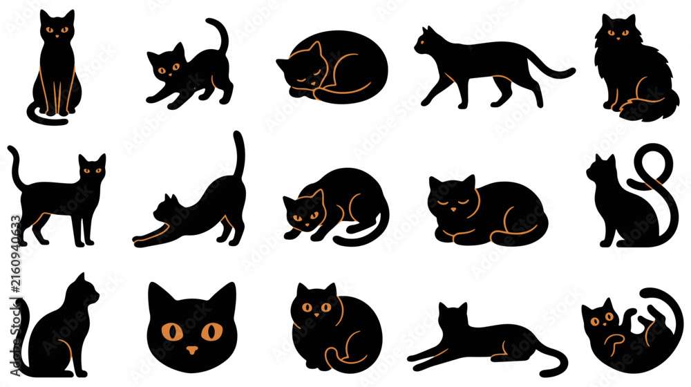 Obraz premium Collection of black cat silhouettes in various playful and relaxed poses
