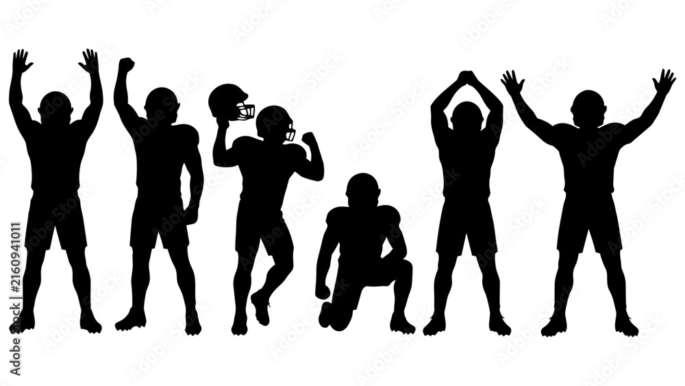 Obraz premium Set of Black Silhouette Sports Athletes Celebrating Victory with Dynamic Poses and Football Helmets - Vector Illustration