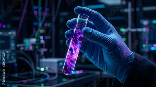 Gloved Scientist Holding Test Tube with Turquoise Liquid in Laboratory