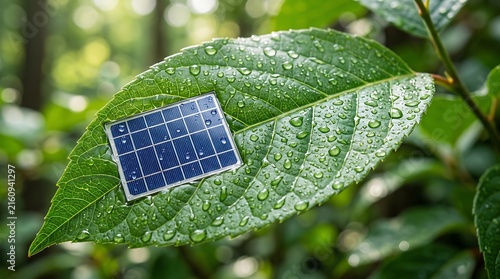 Obraz na płótnie Micro Green Solar Panel Module Resting On Leaf With Water Drops