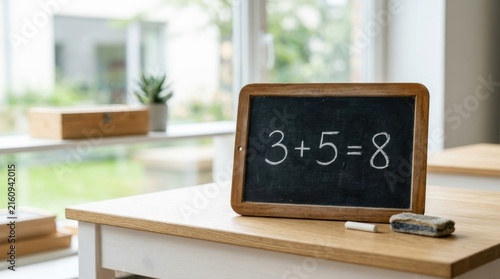 Naklejka Basic Arithmetic Equation Written on a Chalkboard on a Wooden Table