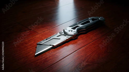 Modern Utility Folding Knife on Polished Cherry Wood Surface