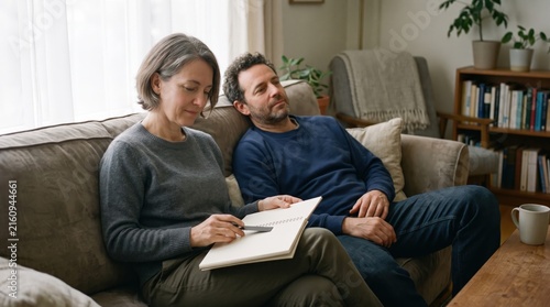 Couple Relaxing on Sofa Woman Writing Man Looking Away