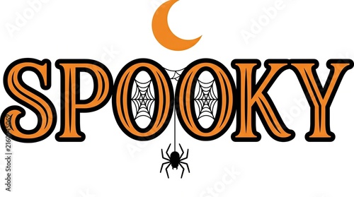 Decorative spooky text design featuring a crescent moon and a hanging black spider on a white background for halloween