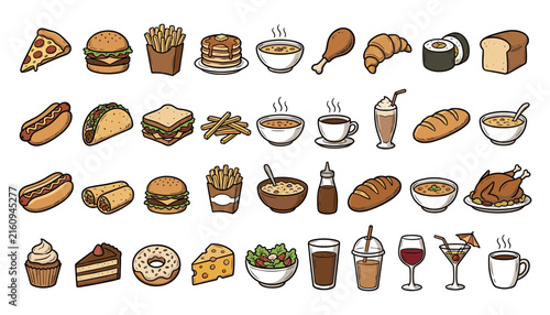  Fast Food and Meal Icon Set with Pizza Burger Desserts and Drinks Symbols for Restaurant Menus Apps and Digital Designs