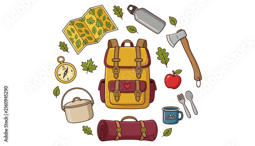 Camping and Outdoor Adventure Icon Set with Backpack Compass Map and Hiking Tools in Round Design for Travel Websites Infographics and Content Designs