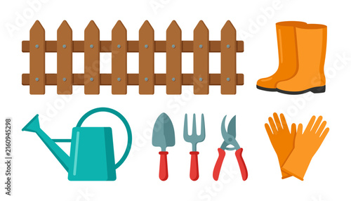 Modern Farming Equipment and Organic Farming Lifestyle Icon Set Highlighting Protective Wear Tools Maintenance Utensils and Border Barriers for Garden Center Content Designs