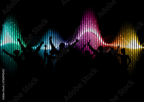 Silhouette of a party crowd on a colourful graphic equaliser design background