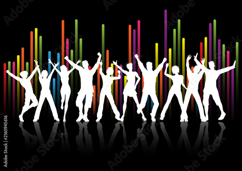 Silhouettes of people dancing against a graphic equaliser styled design