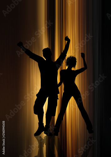 Silhouettes of a man and woman dancing on gold striped background