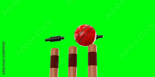 Fotografie Red Shiny Leather Cricket Ball Hitting Wooden Stumps and Bails Transparent Image