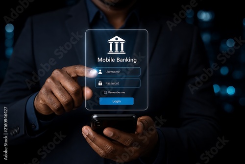 Person holding smartphone with mobile banking login screen and glowing interface
