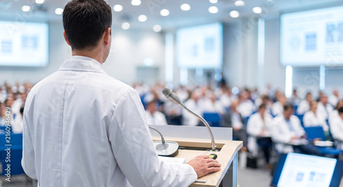 Scientist in white lab coat speaks at medical conference podium before large audience.