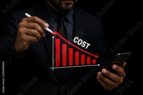 Businessman points at rising red cost graph on smartphone with city lights