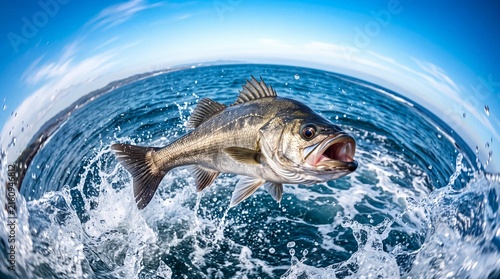 魚眼レンズで捉えた躍動感あふれるスズキ（シーバス）のダイナミックなジャンプと水しぶき