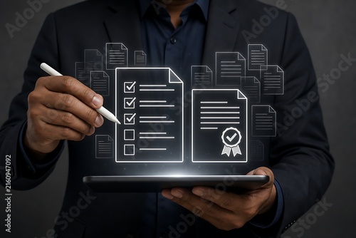Hand holding tablet with glowing documents and city skyline icons on dark background