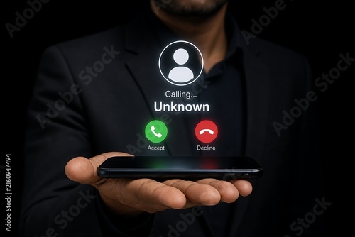 Hands hold smartphone with incoming call from unknown caller on dark background