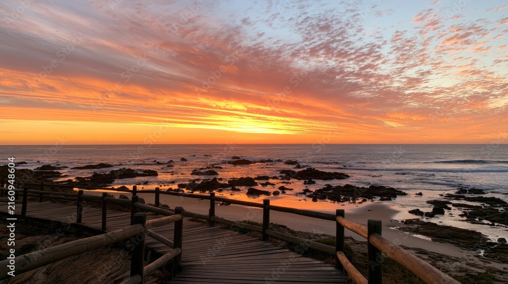 Obraz premium A wooden boardwalk leads to a rocky shore at sunset with vibrant skies