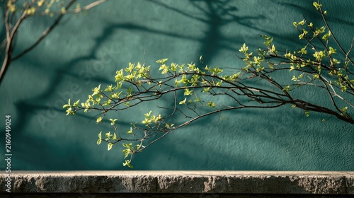 Delicate new spring leaves unfurl on bare branches against a textured teal wall