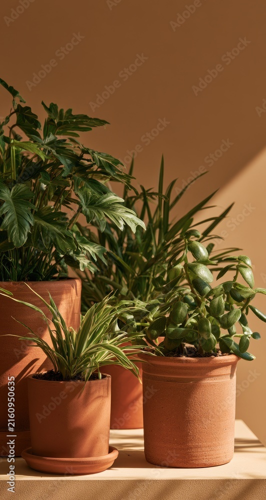Fototapeta premium Three terracotta pots hold lush green plants on a shelf with dappled sunlight