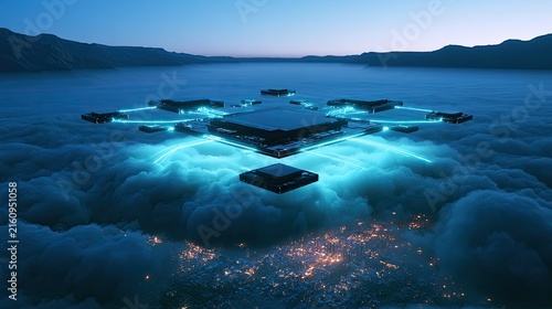 Futuristic glowing motherboard structure hovers over illuminated clouds at dusk