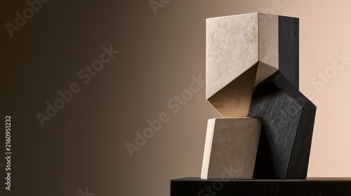 Abstract geometric forms with textured surfaces balance precariously